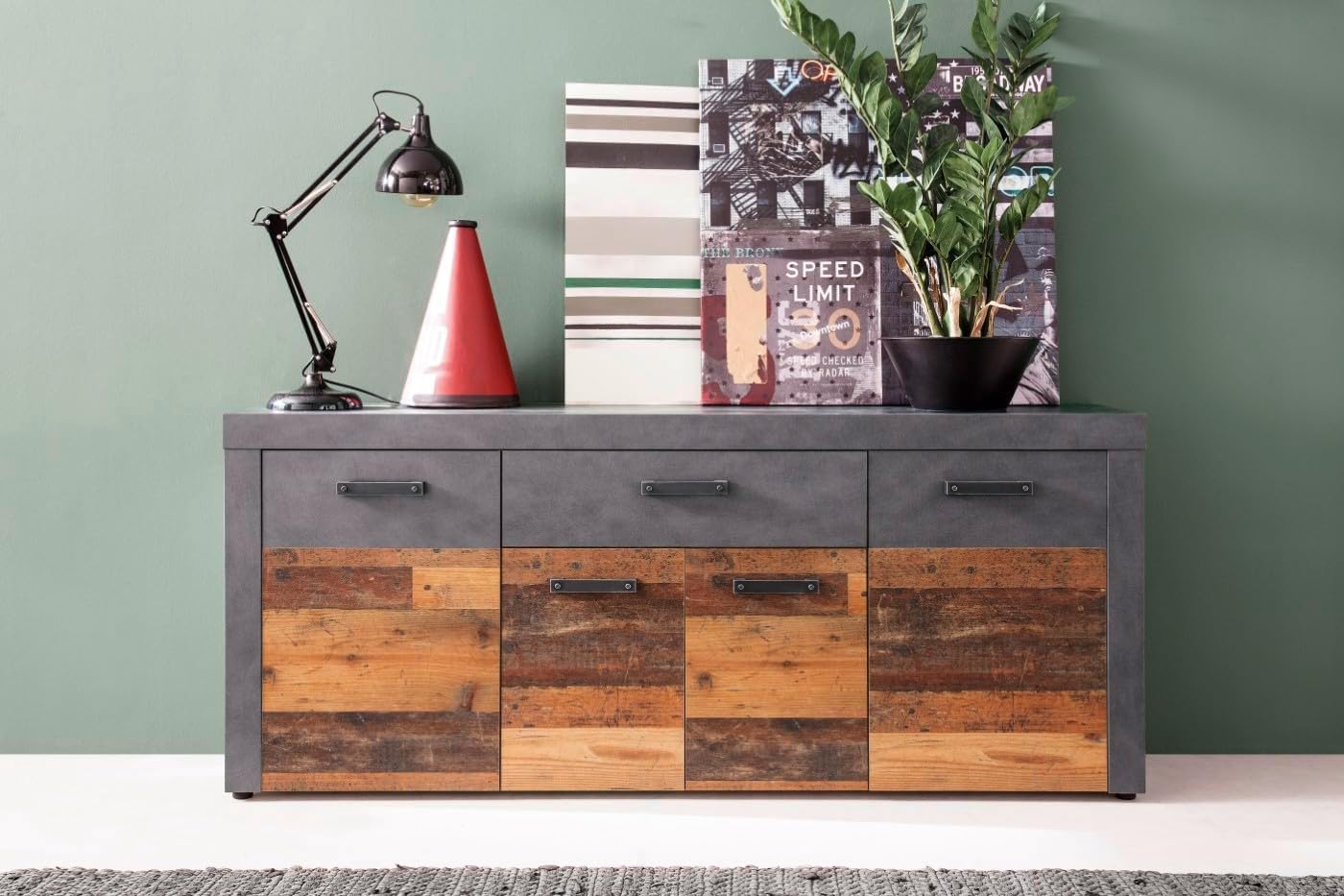 trendteam smart living - Indy - Kommode - Eiche/Grau - Sideboard mit 4 Türen, 1 Schublade und 5 Einlegeböden - (BxHxT) 178 x 76 x 40 cm - antikfarbene Griffe