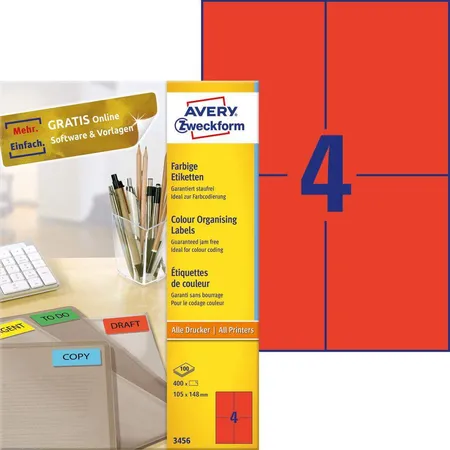 Avery Zweckform 3456 Farbige Etiketten,A4 105 x 148 mm, 100 Bogen/400 Etiketten, rot