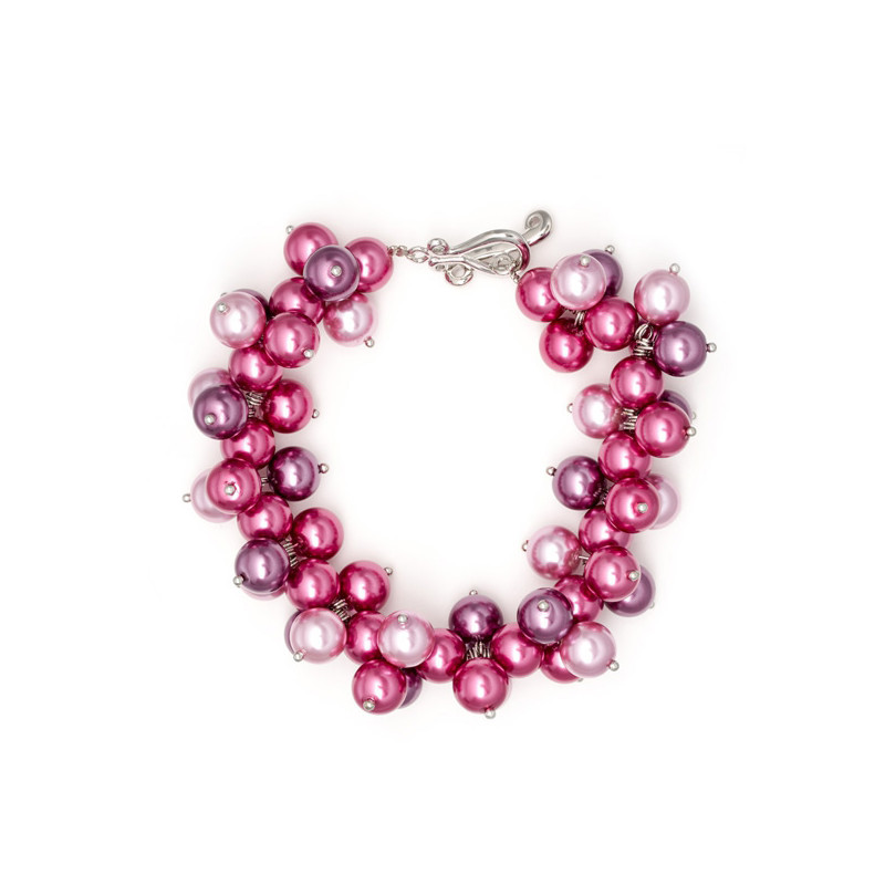 Bracelet Multi Perles Roses et Fushia et Plaqué Rhodium