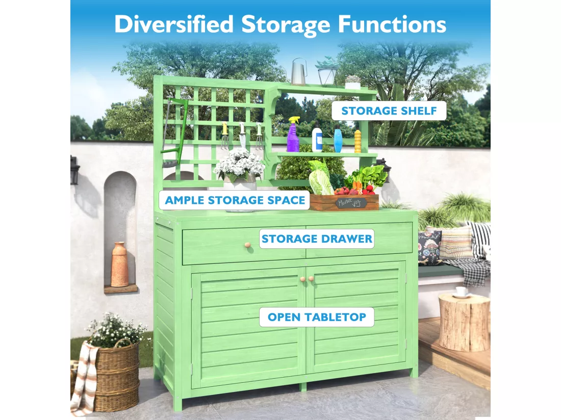 Armoire de jardin, abri de jardin en bois massif avec 2 portes, 2 tiroirs et étagère de rangement - 141.5 x 44 x 105 - Vert