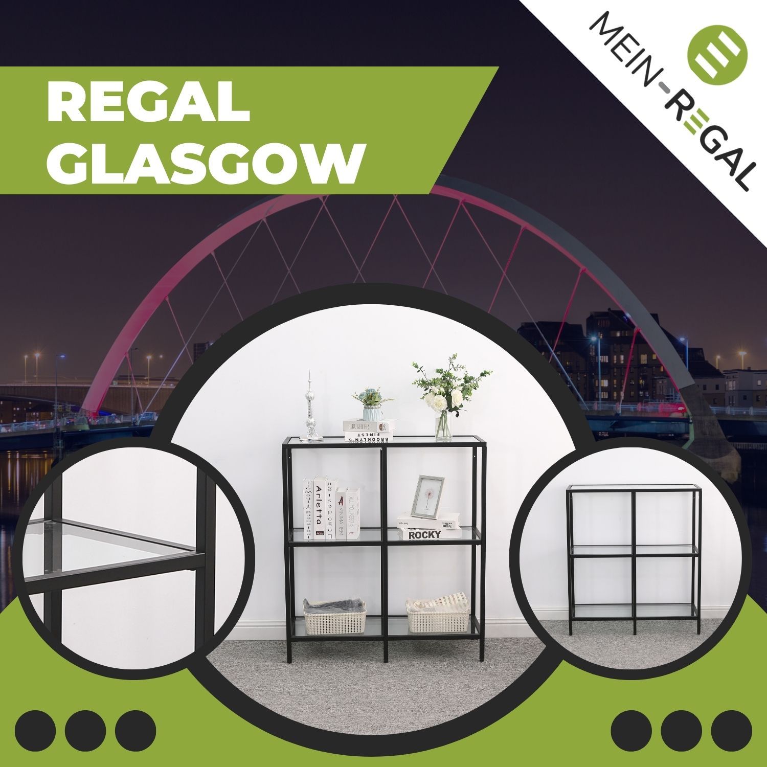 Mein-Regal Regal Glasgow 90x35x100cm aus Metall Glaseinlegeboden 2 Etagen schwarz