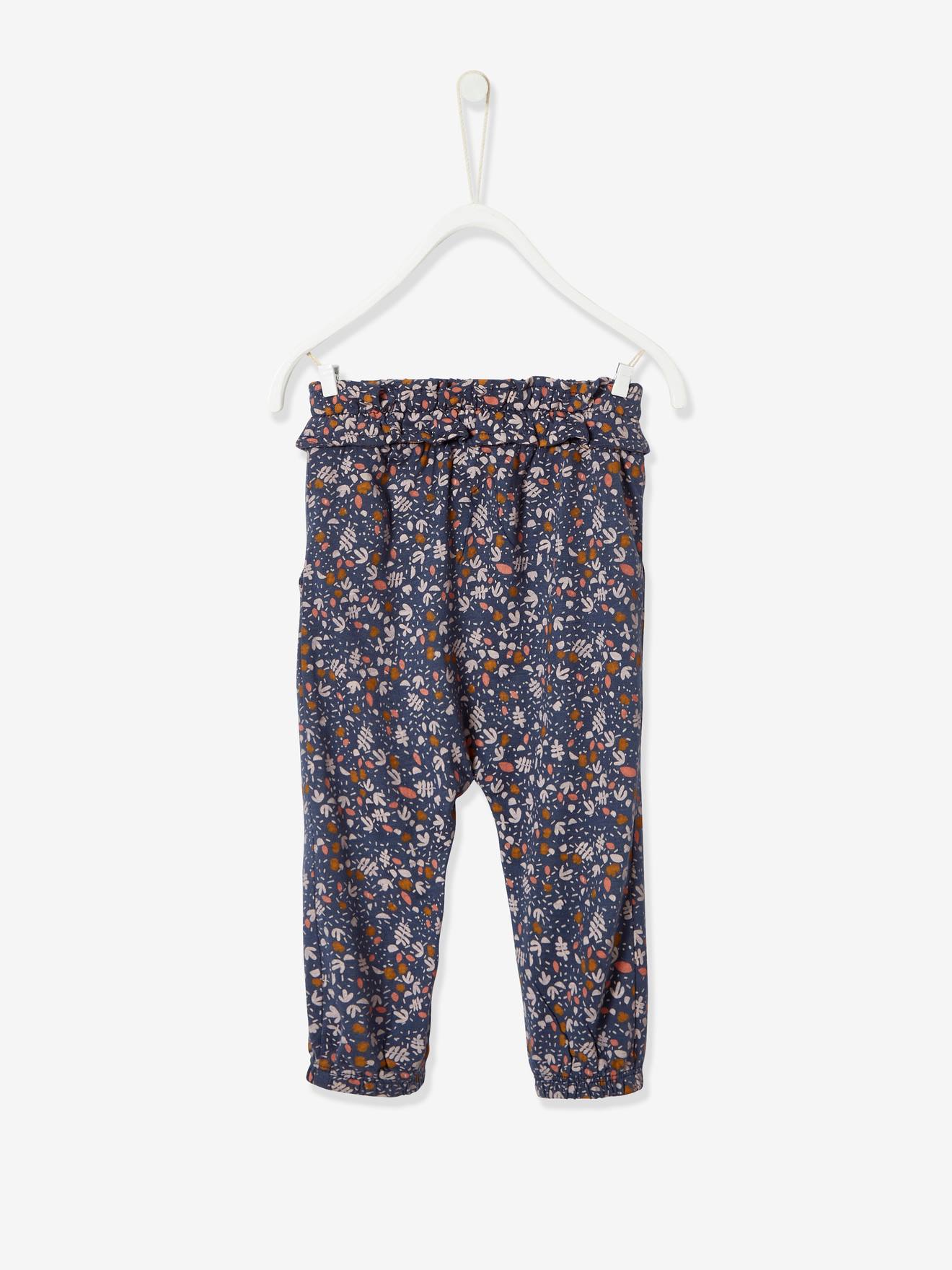 Calças estampadas com elástico na cintura para bebê, estampa azul escura.