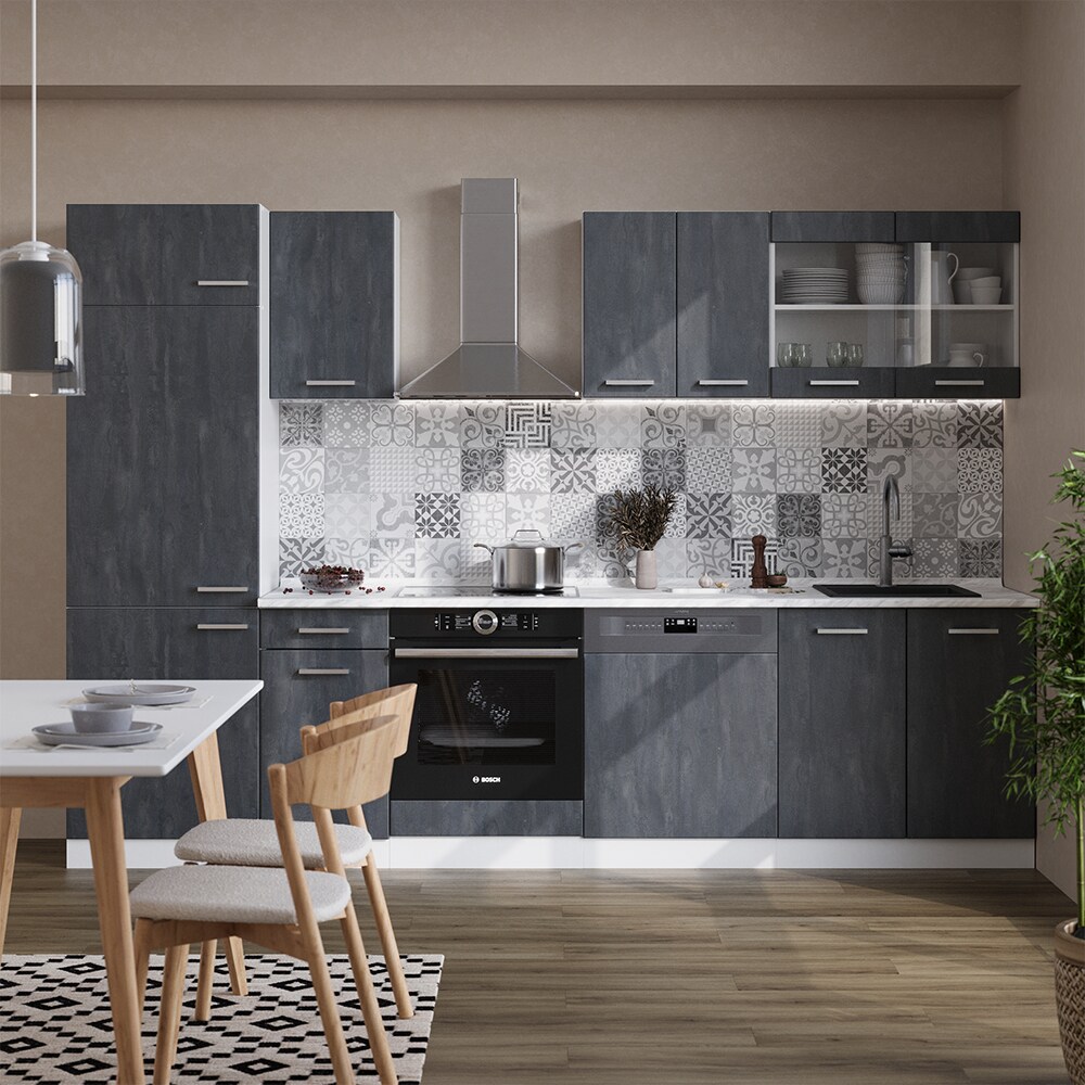 Vicco Küchenzeile R-Line 300 cm Schwarz Beton Weiß ohne Arbeitsplatte