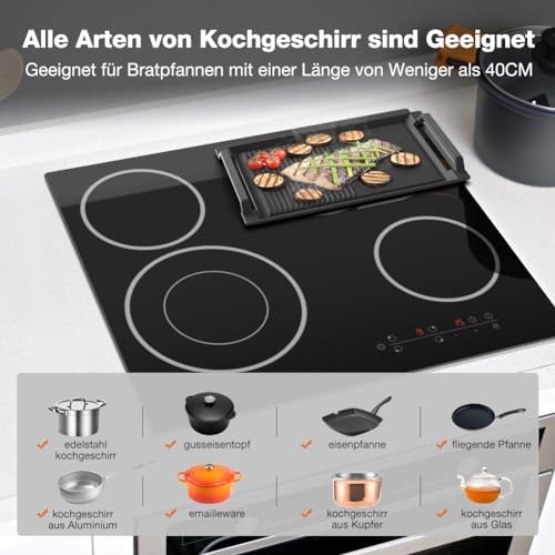 Thermomate 60cm Table de cuisson Vitrocéramique 4 Feux 6600W Encastrable Plaque Vitrocéramique Intégré, Commande Tactile, Verrou Pour Enfants, Minuterie, [Classe énergétique A ] : Gros électroménager