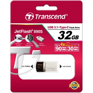 Transcend JetFlash 890 32GB lecteur USB flash 32 Go USB Type-A / USB Type-C 3.2 Gen 1 (3.1 Gen 1) Noir, Argent