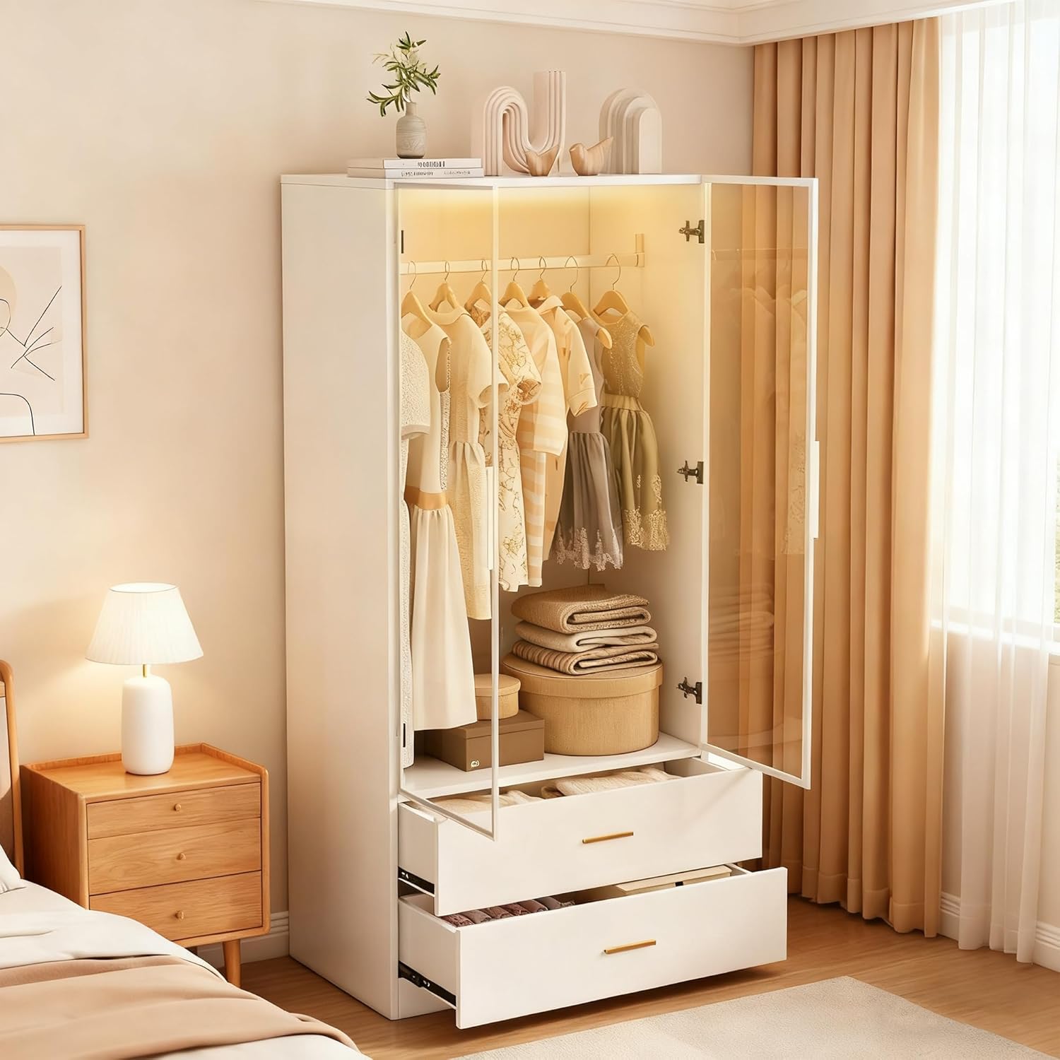 Kleiderschrank mit LED-Beleuchtung,Vielseitiger Drehtürenschrank mit 2 Türen aus gehärtetem Glas,Glasschrank mit Kleiderstange,Wardrobe closet mit 2 Schubladen,Schrank Mehrzweckschrank (Weiß-1)