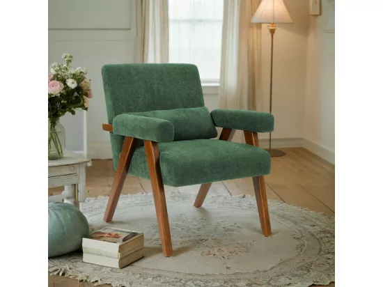 Fauteuil en Sherpa Vert - pieds en bois massif - avec accoudoirs rembourrés - charge max 125kg - 73x68x83cm
