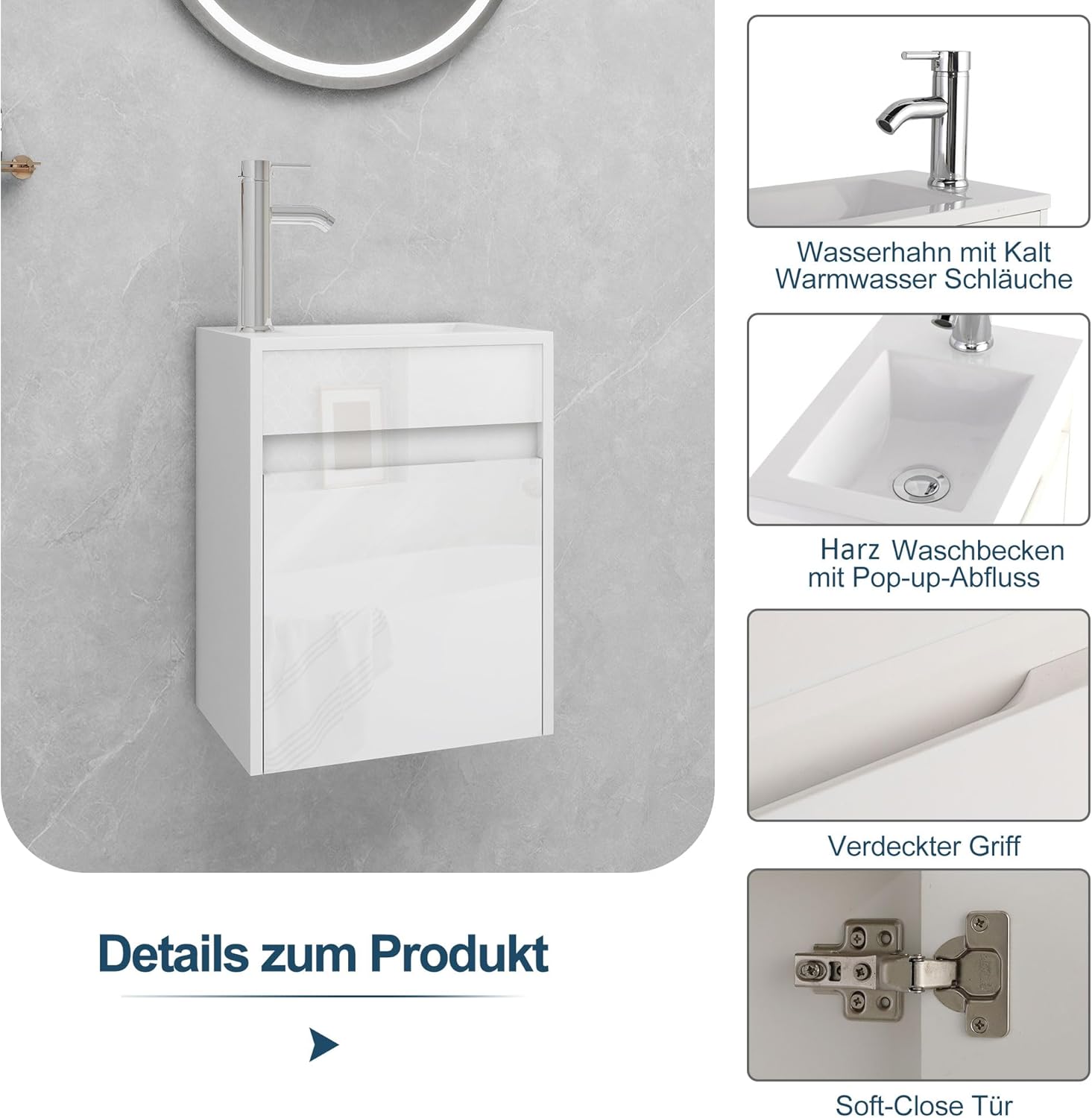UEV Waschtisch mit Unterschrank 40,6cm, Gäste-WC Waschtisch, Waschbecken mit Unterschrank, Waschtischunterschrank hängend, Waschplatz, Badmöbel Set für Badezimmer,Weiß