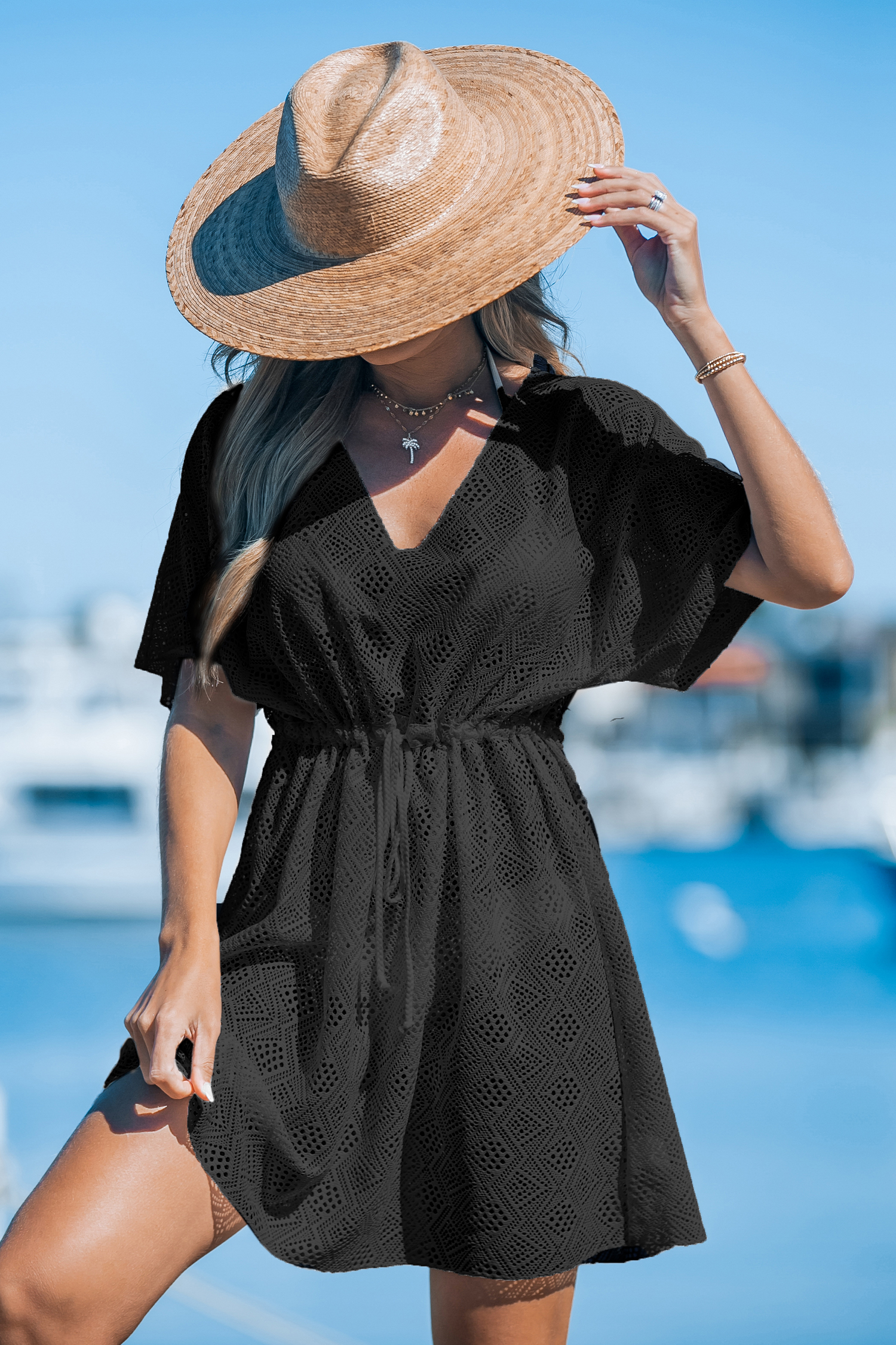Robe cover up à manches courtes noire et transparente