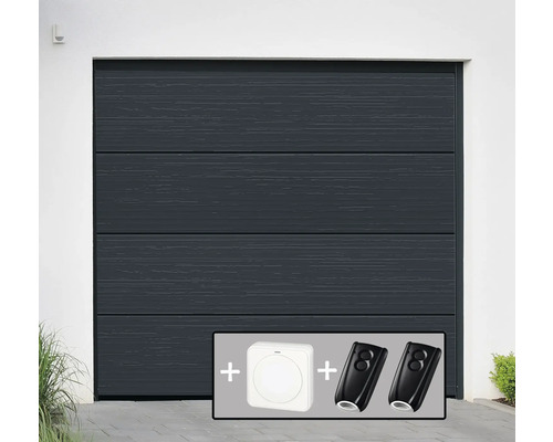 ARON Basic Garagedeur Sectionaaldeur 40 mm L-profiel Slategrain RAL 7016 Antracietgrijs 2500x2125 mm incl. Garagedeuropener, 2 x 2-kanaals handzender, binnendrukknop IT1-1b