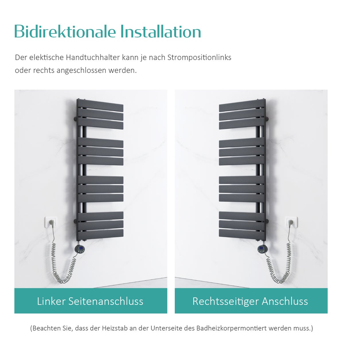 EMKE Elektrische Design Paneelradiator met Thermostaat en Timer voor Handdoekradiator, Zijdelings Open, Verticaal, 800 Watt, 60 cm x 132 cm, Antraciet