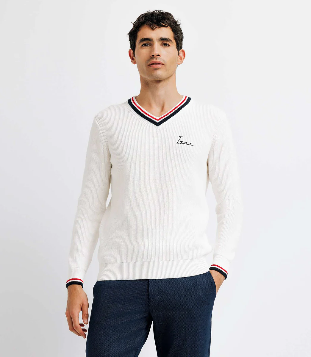 Pull col V brodé écru