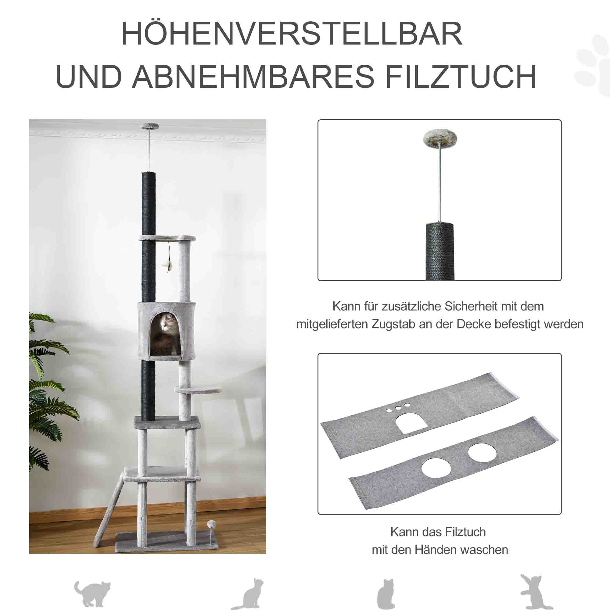 PawHut Kratzbaum Höhenverstellbar und mit Katzenspielzeug grau 60L x 40B x 225-255H cm
