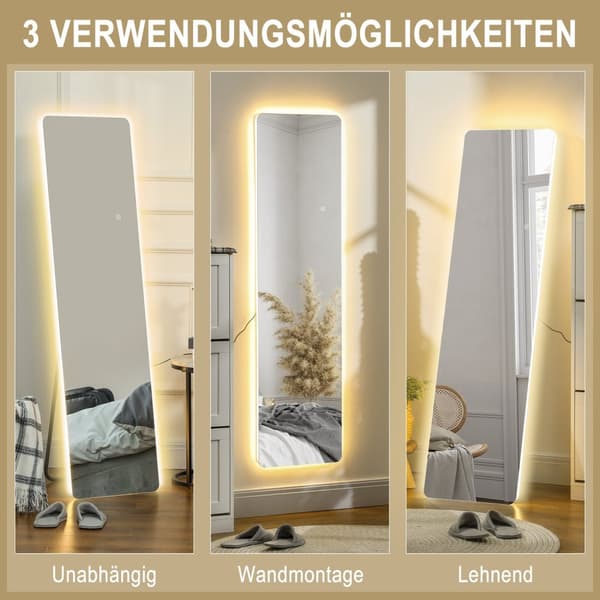 Helspeil, 150 x 40 cm stående speil med LED-belysning, 3 lysfarger, veggspeil med stativ, berøringsbryter for soverom, stue, gjennomsiktig