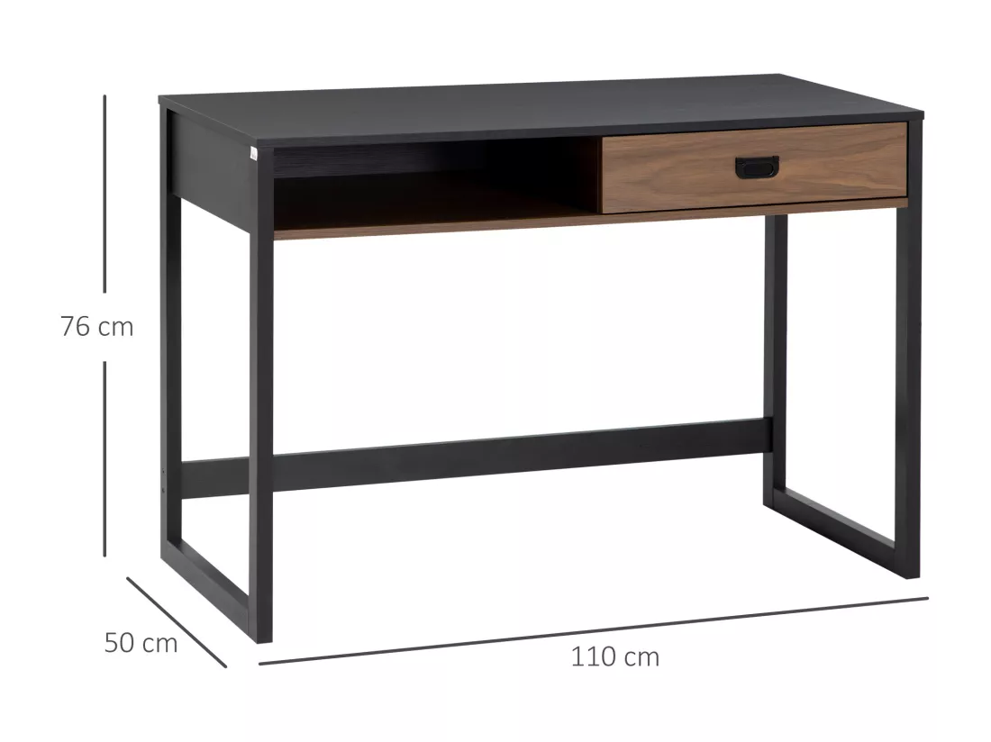 Bureau style industriel casier tiroir coulissant panneaux MDF noir aspect noyer