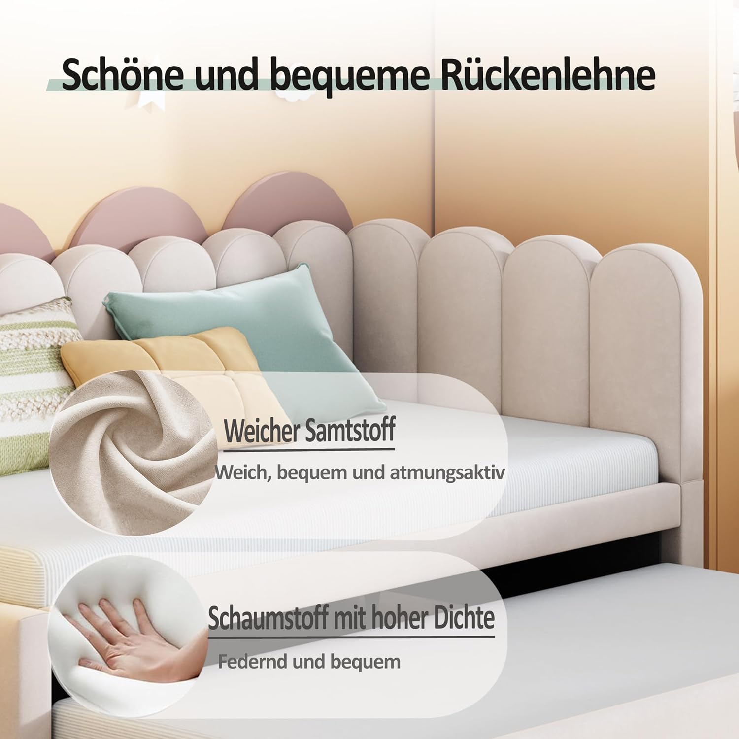 Schlafsofa 90/180x200 cm, L-Form Sofabett mit Ausziehbett, Polsterbett mit Lattenrosten, Kinderbett Tagesbett für Gästezimmer Schlafzimmer (Ohne Matratze) Samtstoff Beige