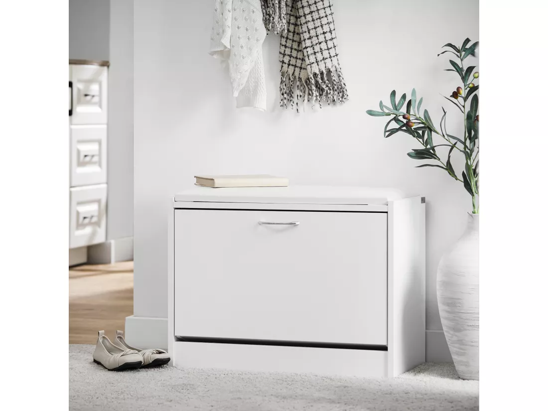 Banc Armoire à chaussures 1 abattant avec coussin, Coffre Rangement pour chaussures Blanc, FSR16-W