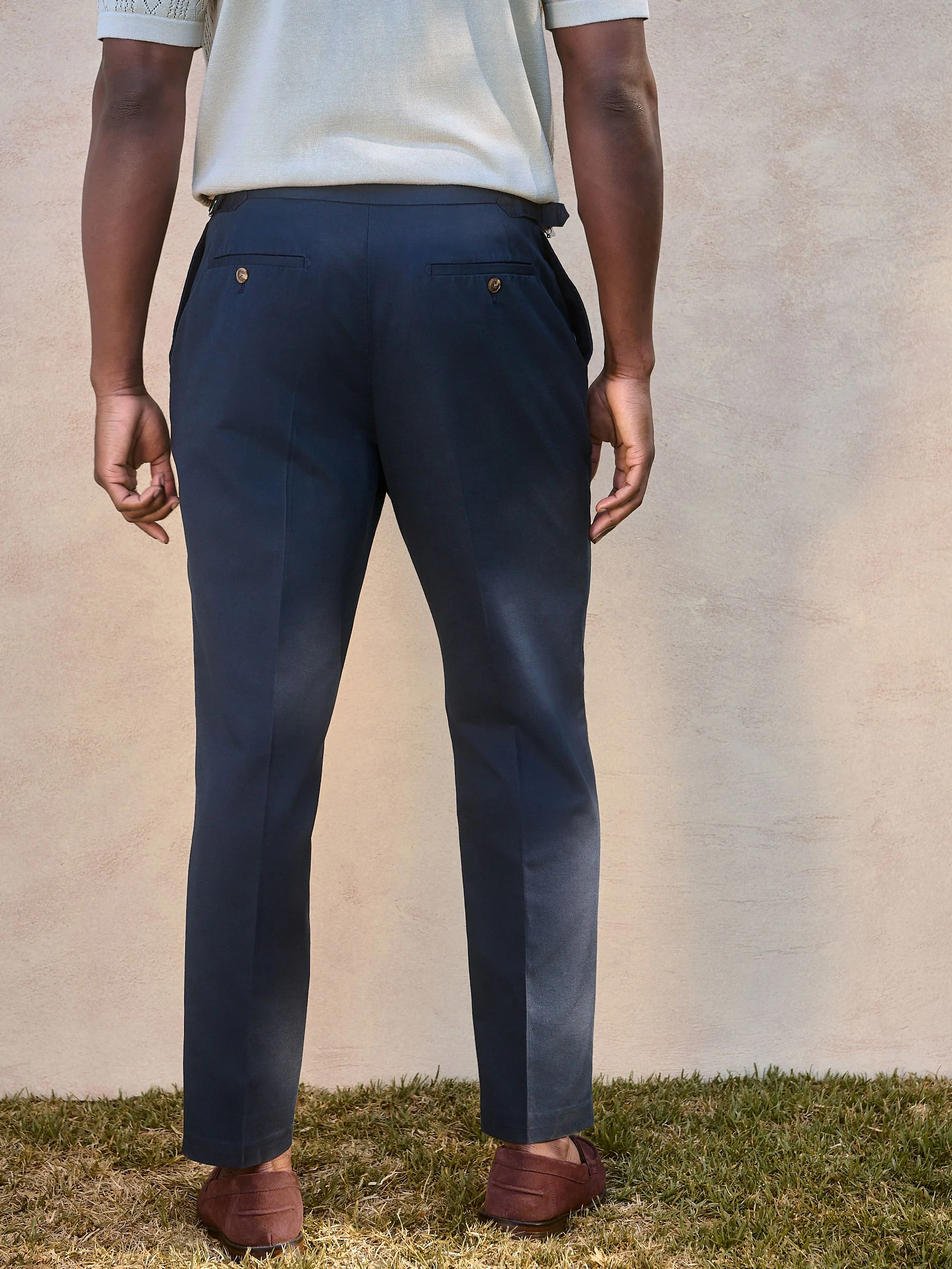 Donkerblauw - Slim-fit katoenen mix Broeken met verstelbare zijkanten, linnen en lyocell.