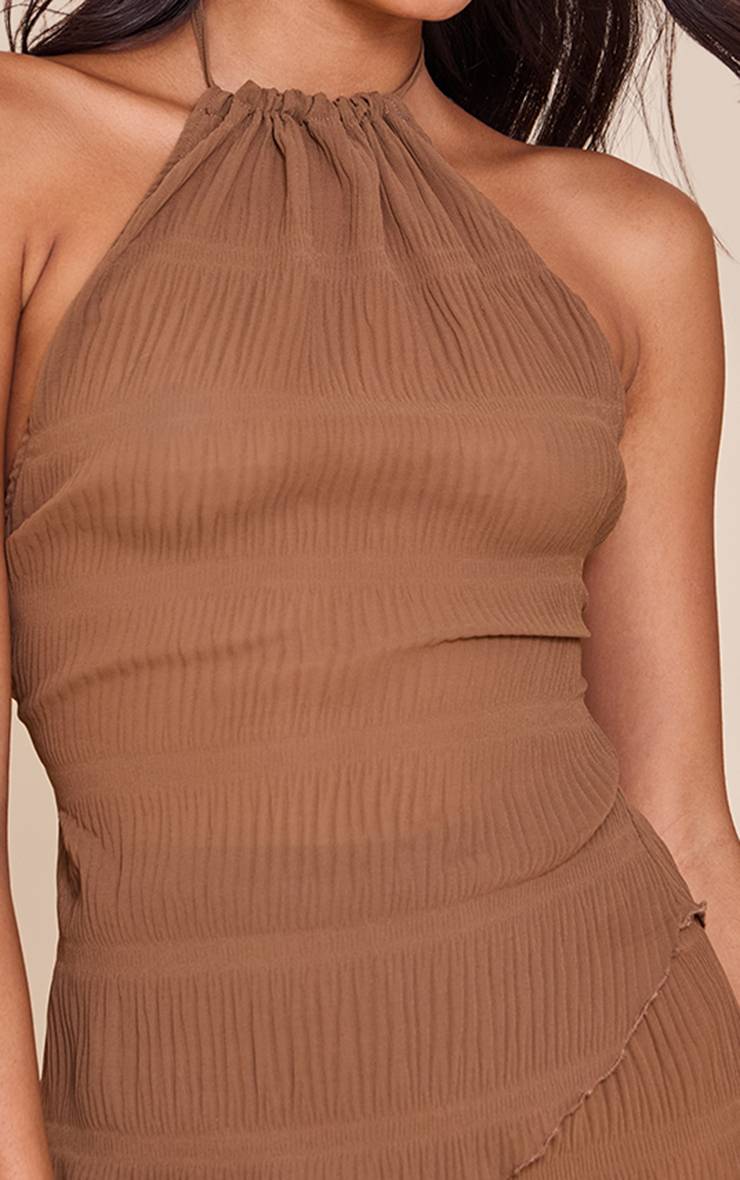 Chocolate Brown Ensemble Haut Long Asymétrique Dos Nu En Tissu Transparent Texturé