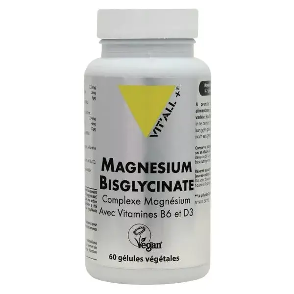 Vit'all+ Magnésium Bisglycinate Haute Absorption avec Vitamines B6 & D3 - 60 gélules végétales