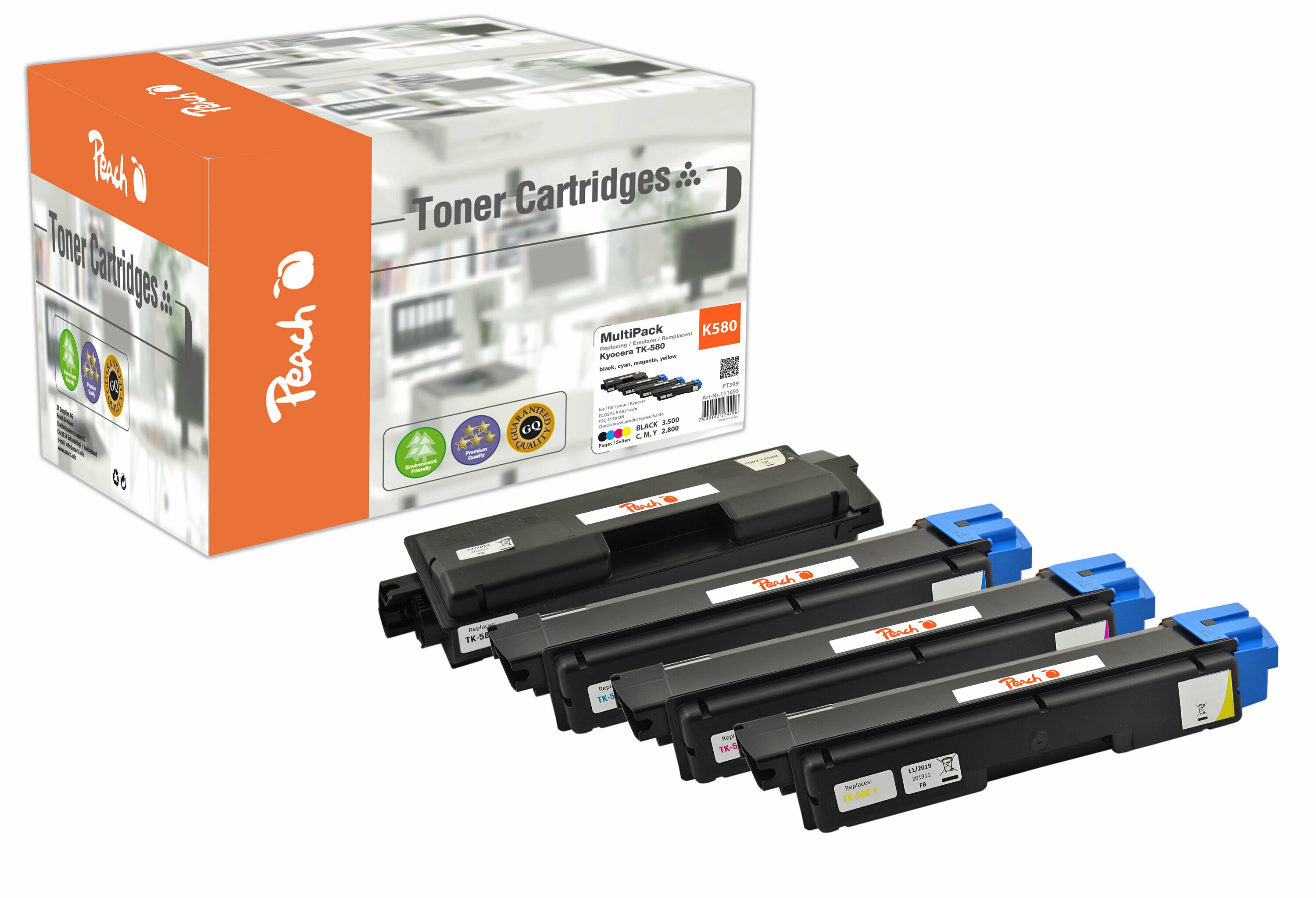 Peach K5804 Toner (bk, c/m/y) ersetzt Kyocera TK-580 für z.B. Kyocera ECOSYS P 6021 cdn, Kyocera FSC 5150 DN (wiederaufbereitet)