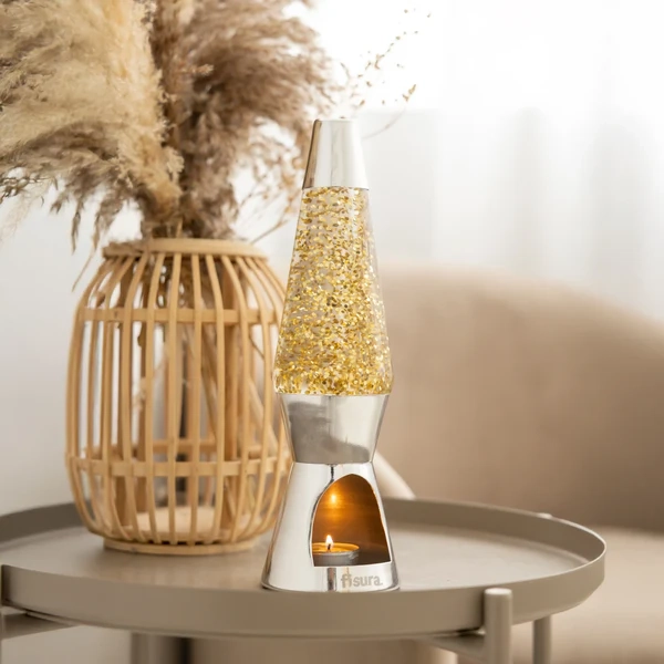 (29cm) T-LIGHT Lava Lampe Kerzen Tischlampe Glitzer Deko Stimmungsleuchte inkl. Teelichter (FI0791) - Gold