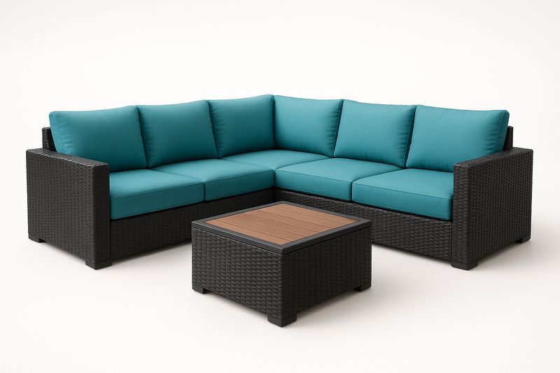 Ecksofa-Set aus Polyethylen-Rattan mit Türkis Kissen