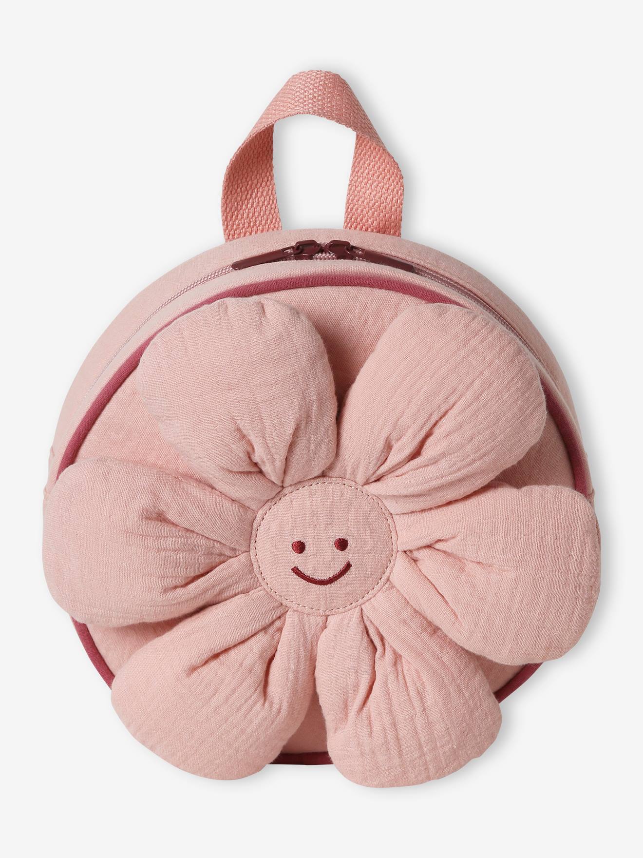 Mochila de gaze de algodão com estampa de flores para menina, ideal para pré-escola, cor rosa antigo.
