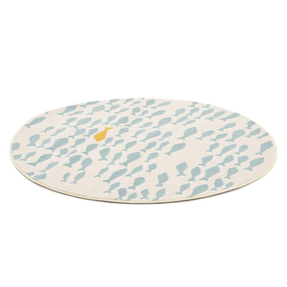 Tapis rond chambre d'enfant - petits poissons - beige et bleu clair - ø 120 cm