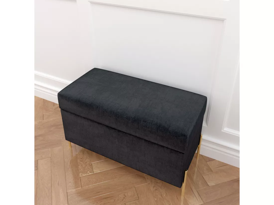 Banc coffre BORGO en velours gris avec pieds en métal doré / 80 x 37 cm