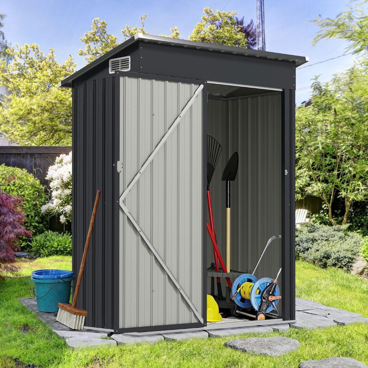 Abri de Rangement Toutes Saisons Abri à Outils Utilitaire avec Toit en Pente Porte Ouvrante Aérations Cadre en Métal Galvanisé Gris - Lidl-Manfred