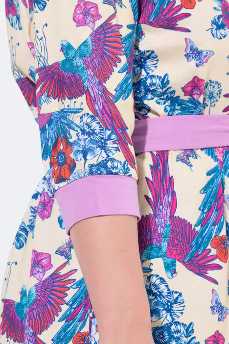 Kimono, Papagei, V-Ausschnitt, 3/4-Arm, Bindegürtel, amethyst