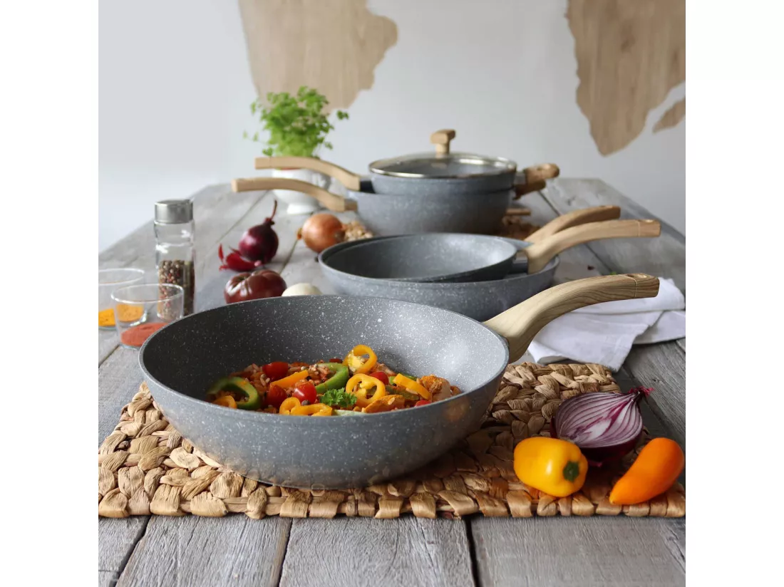 Menastyl - Wok Cannelle 28 Cm Avec Poignees En Bois Clair