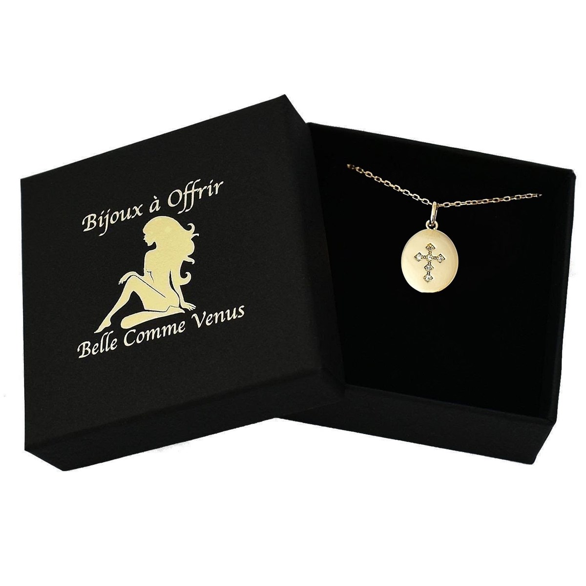 Collier médaille ovale croix sertie d'oxyde de zirconium Plaqué OR 750 3 microns