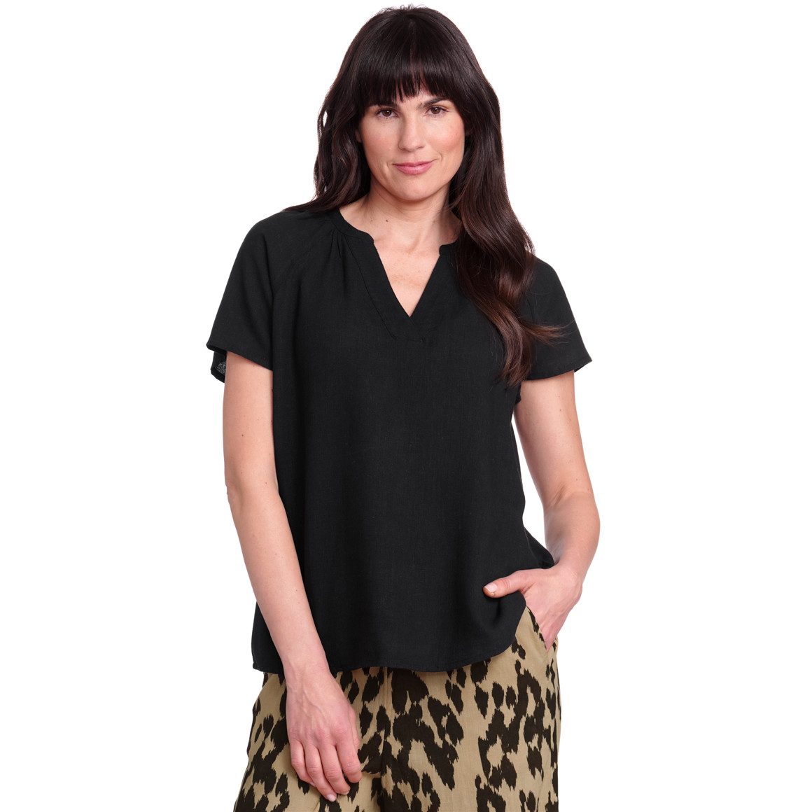 Gina Benotti Damen Leinen-Bluse mit kurzem Stehkragen schwarz