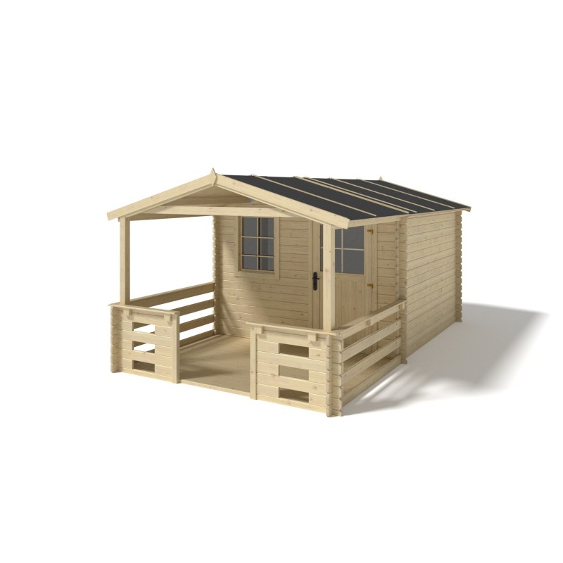 Abri de jardin en bois - 3x2 m - 12 m2 + terrasse avec balustrade et avant-toit en bois