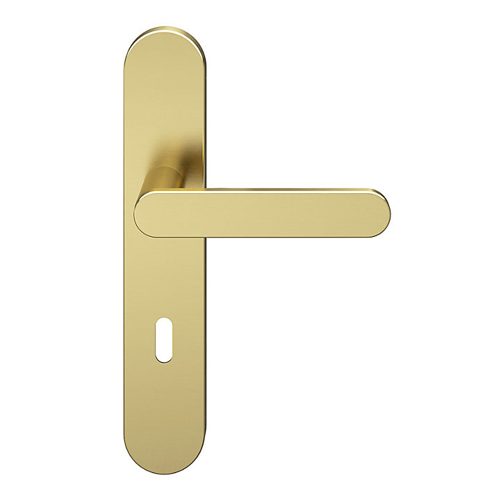 Ensemble poignée sur plaque rond serrure GoodHome Minzh effet laiton satin doré L.120mm x l.42mm entraxe 165-195mm