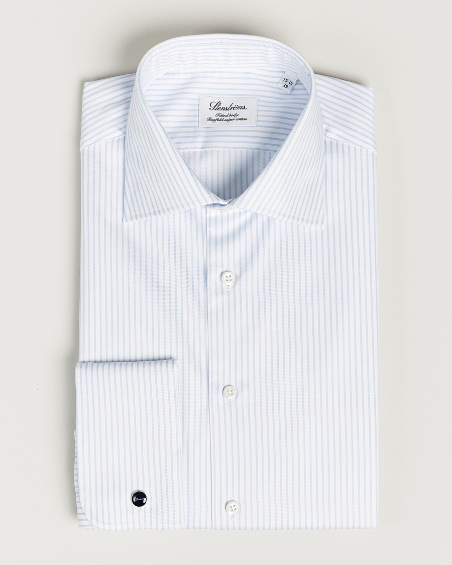 Stenströms Fitted Body Cotton Double Cuff Shirt White/Blue