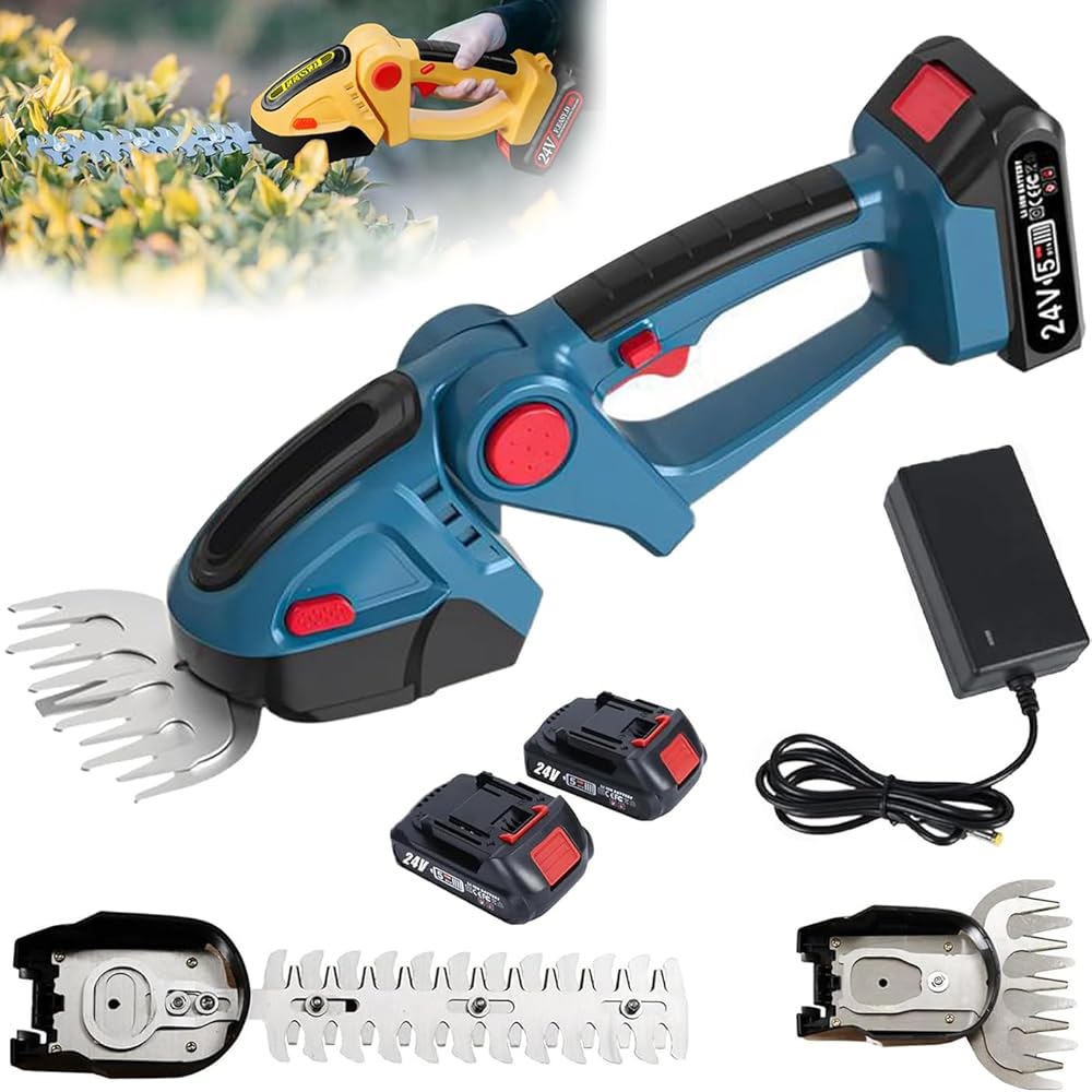 Taille-haie sans fil, taille-haie et cisaille à gazon 2 en 1 avec batteries 1500 mAh, ciseaux à gazon de 22 cm de longueur et ciseaux à gazon de 13 cm de largeur, coupe-arbustes de jardin pour pelouse : Jardin