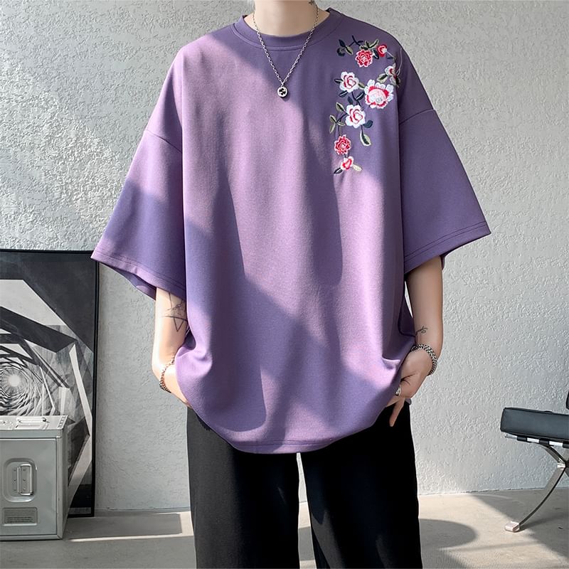 Freehop - T-shirt met korte mouwen, ronde hals en bloemenborduursel