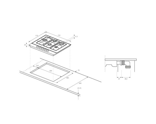 HAIER gaskookplaat met glaskeramiek, 745 x 510 mm, 5 gaspitten, HAVG7WL4HB