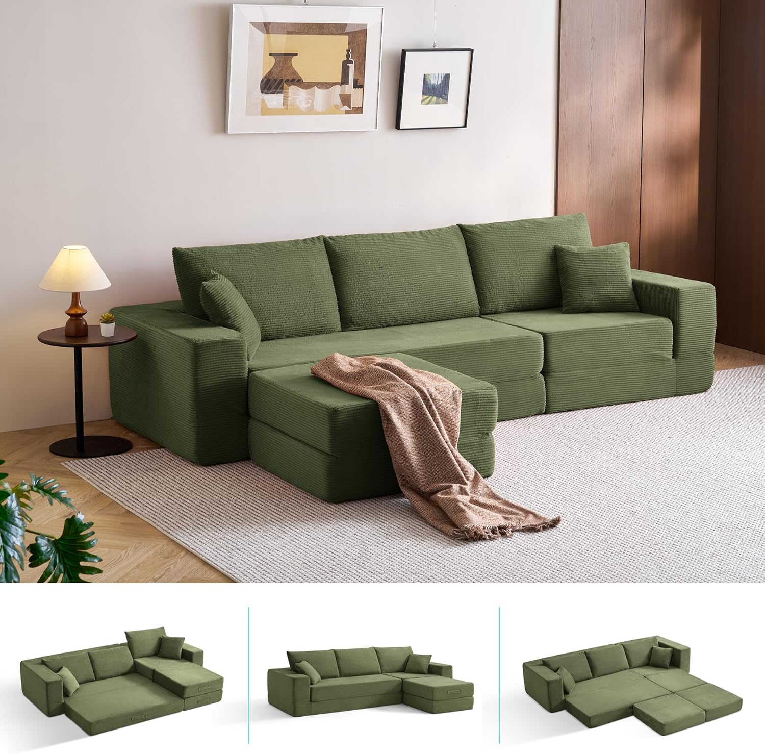 LINSY HOME Ecksofa mit Schlaffunktion - Bodensofa Bed mit Pillow Back Support Armrest - Schlafsofa Klappbar - Compressed Sofa in Box - Cord Stoff für Wohnzimmer Schlafzimmer (Grün)