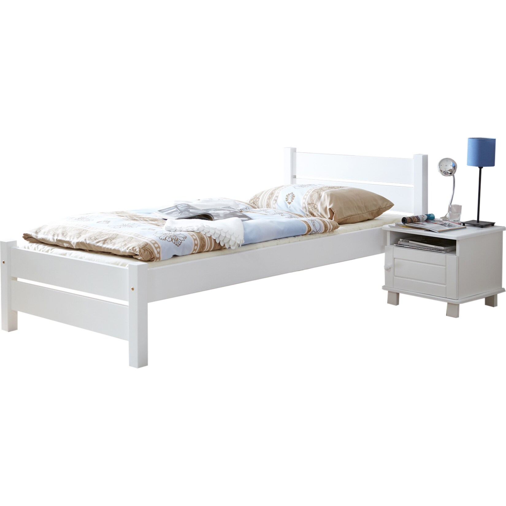 TiCAA Massivholz Einzelbett Bora Kiefer Weiß
