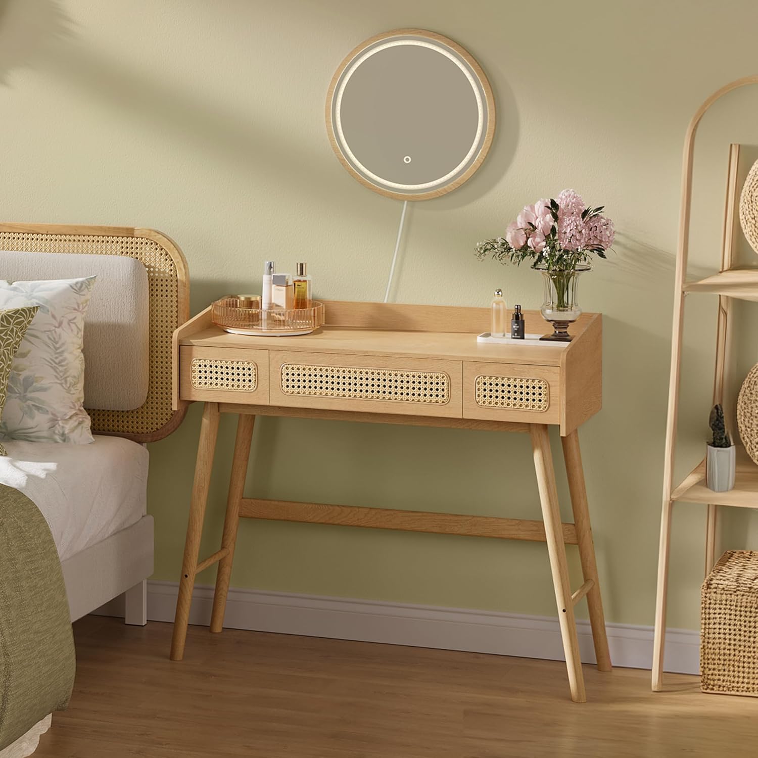 SONGMICS HOME BOHOVEN Kollektion – Schminktisch mit Spiegel, Beleuchtung, Kosmetiktisch 3 Schubladen in Rattan-Optik, Touch-Steuerung, 3 Lichtfarben, dimmbar, Boho-Stil, Schlafzimmer, eichenbeige