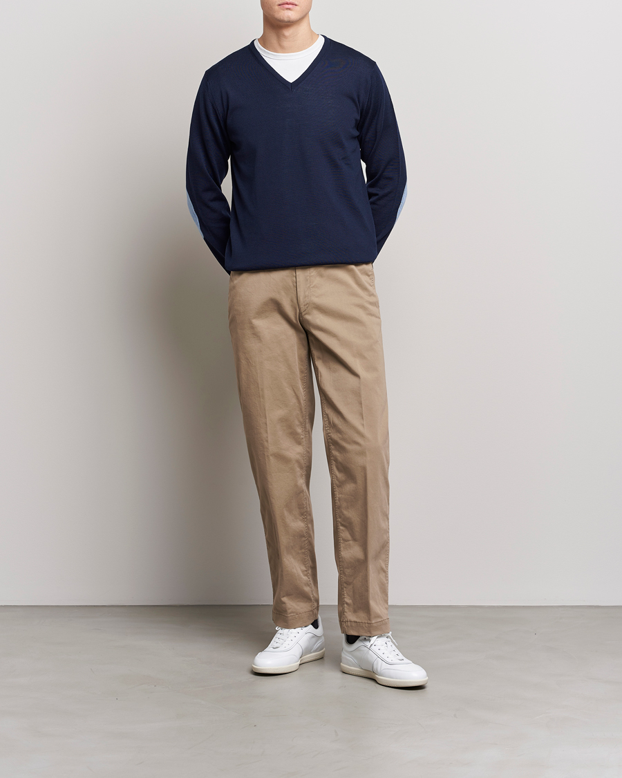 Stenströms Merino Patch V-Neck Navy/Light Blue