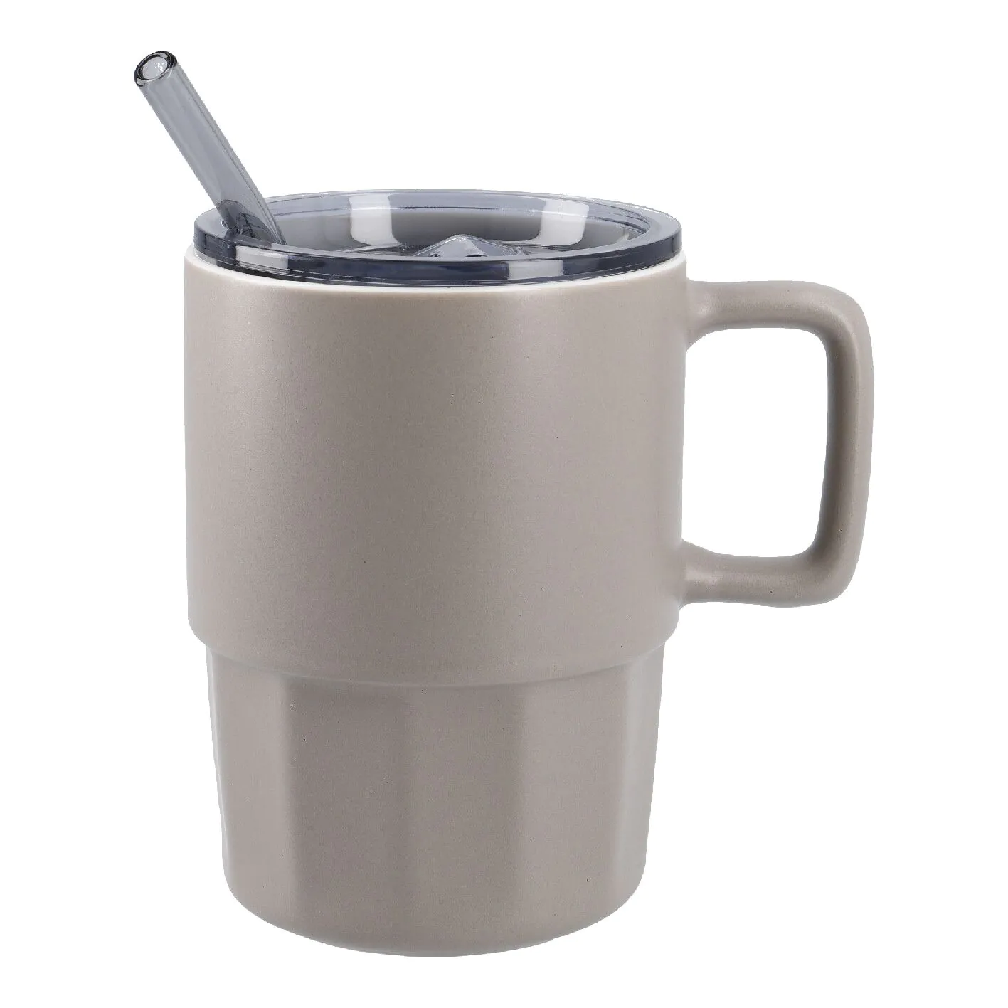 Henkelbecher mit Strohhalm, grau, 400 ml
