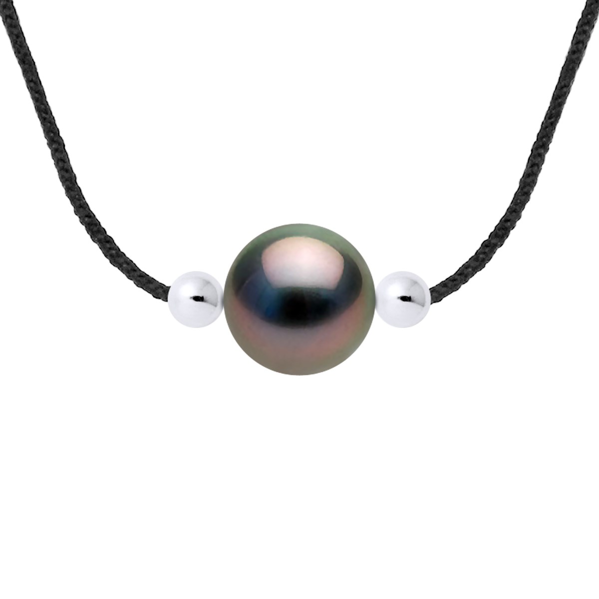 Collier LOVE LINK Perle de Tahiti Ronde 8-9 mm Nylon Noir Argent 925