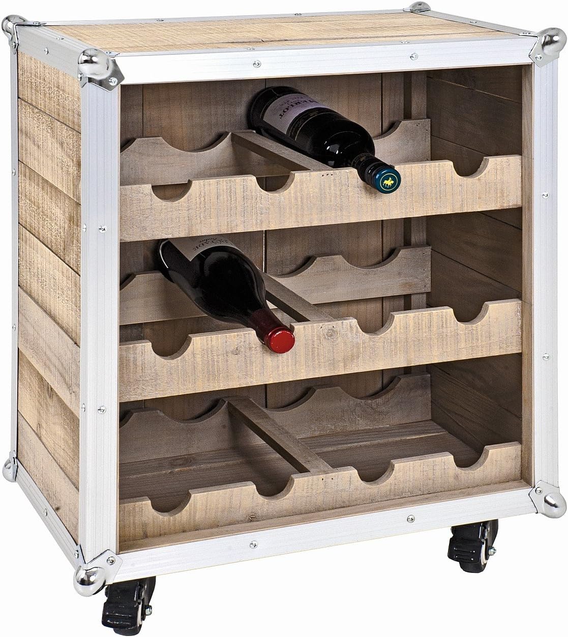 HAKU Weinregal rollbar 12 Flaschen Alu Profile und Kiefernholz, Flaschenregal Aluminium Trolley, Massivholz - Maße: B 53 x H 63 x T 33 cm, Style: Industrial