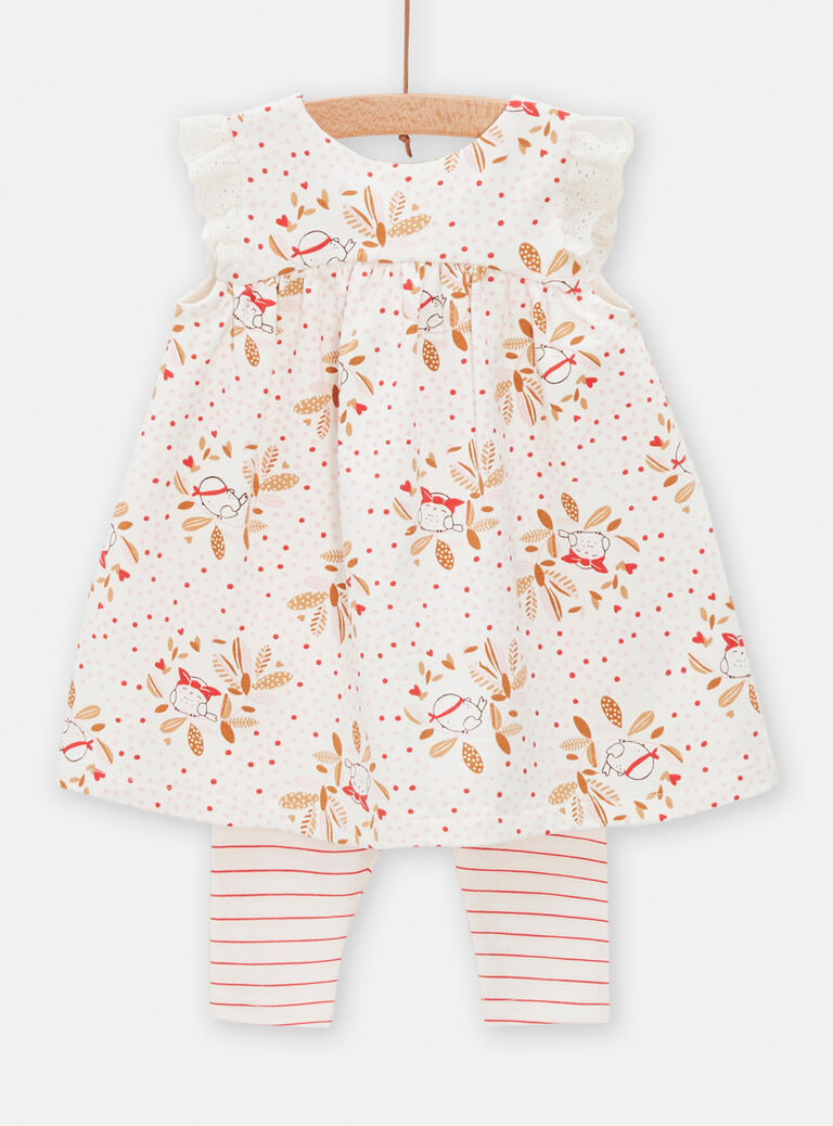Ensemble robe imprimé moineaux et legging rayé rouge