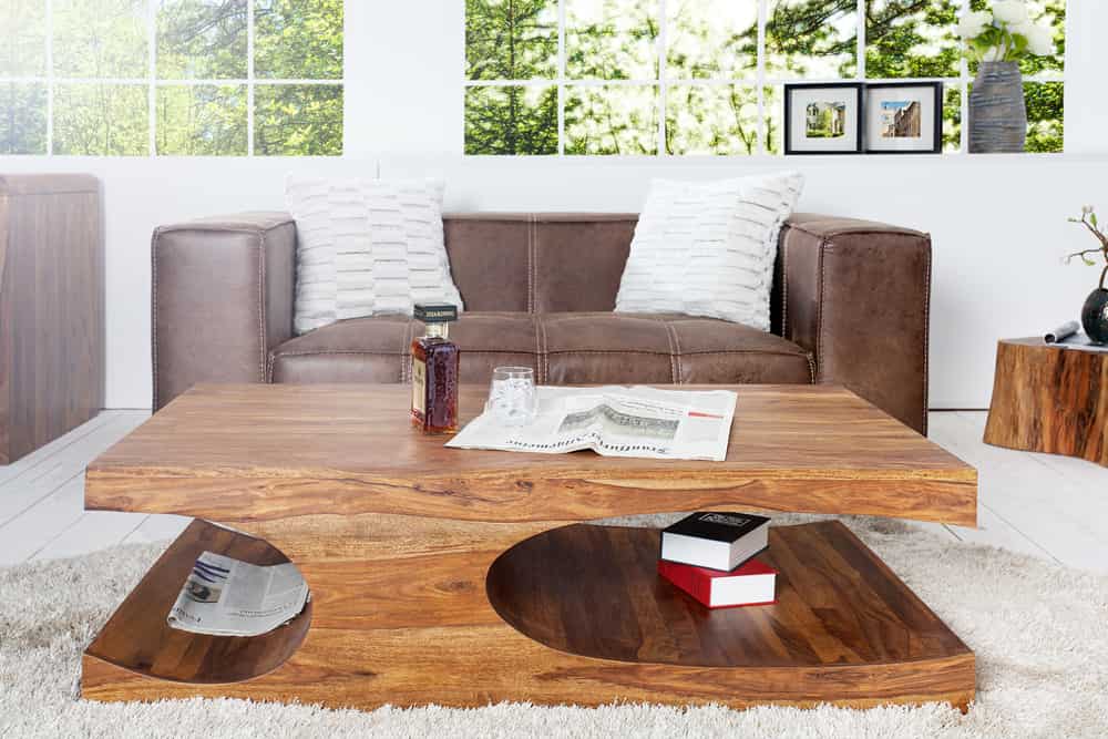 Design Couchtisch CUBUS 120cm braun Sheesham Massivholz stone finish mit Stauraum